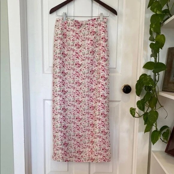 Vintage White and Pink Microfloral Maxi Skirt Feminine Boho Romantic Long Dainty - Picture 1 of 4